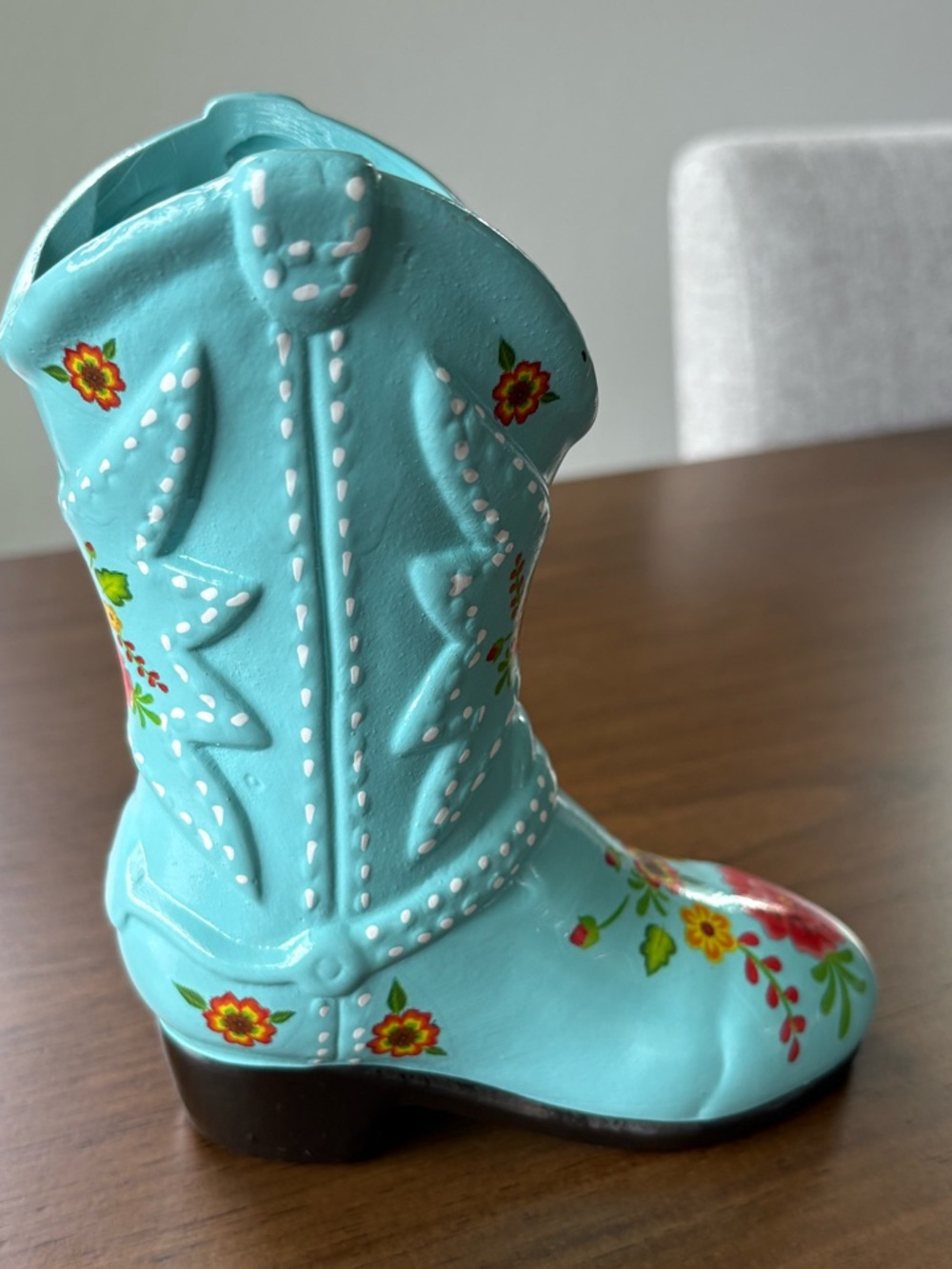 Turquoise Ceramic Cowboy Boot Vase with Floral Accents - Picture 2 of 6